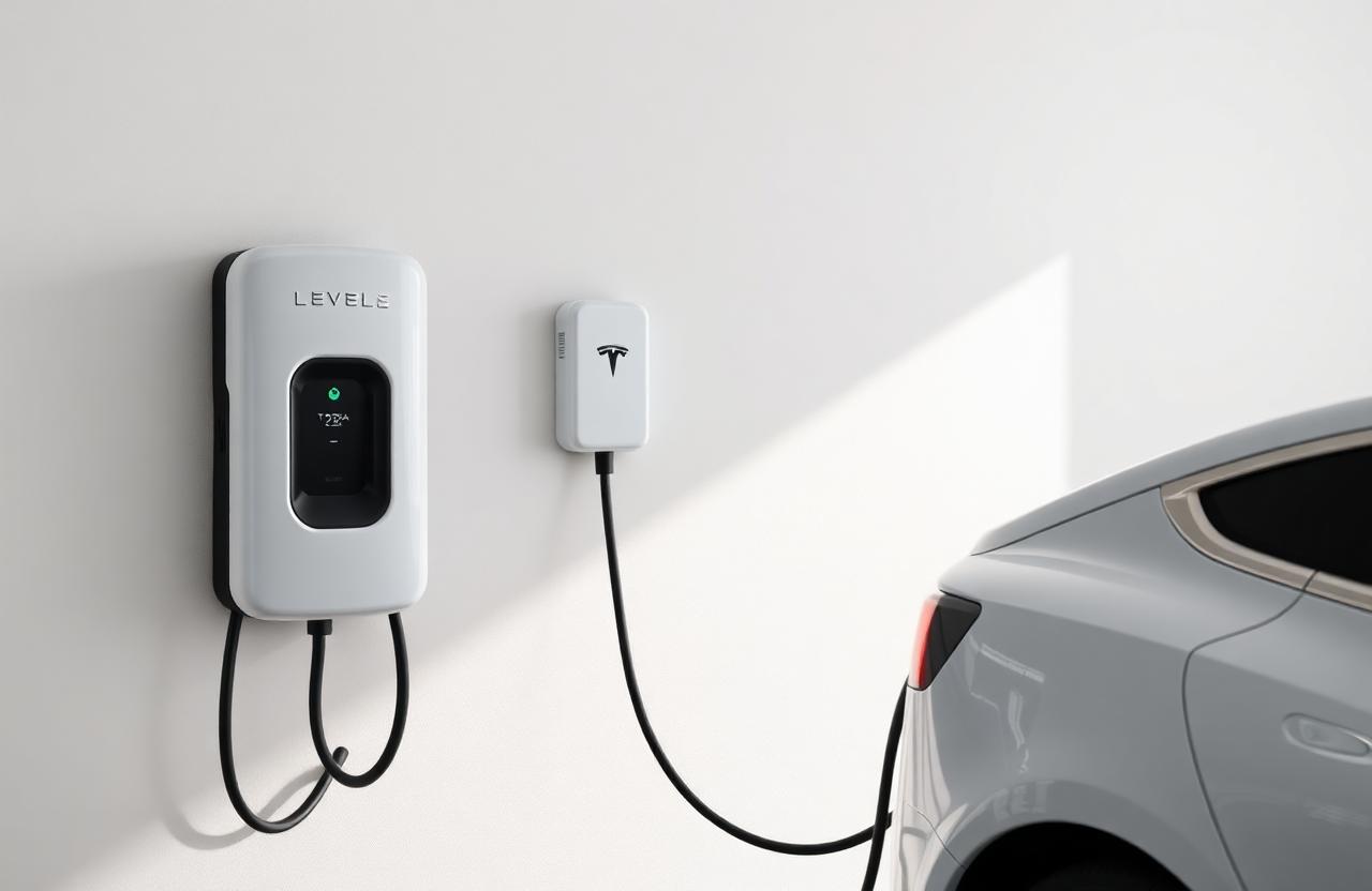 Level 2 EV charger installed on a garage wall with an electric vehicle charging in a residential garage.