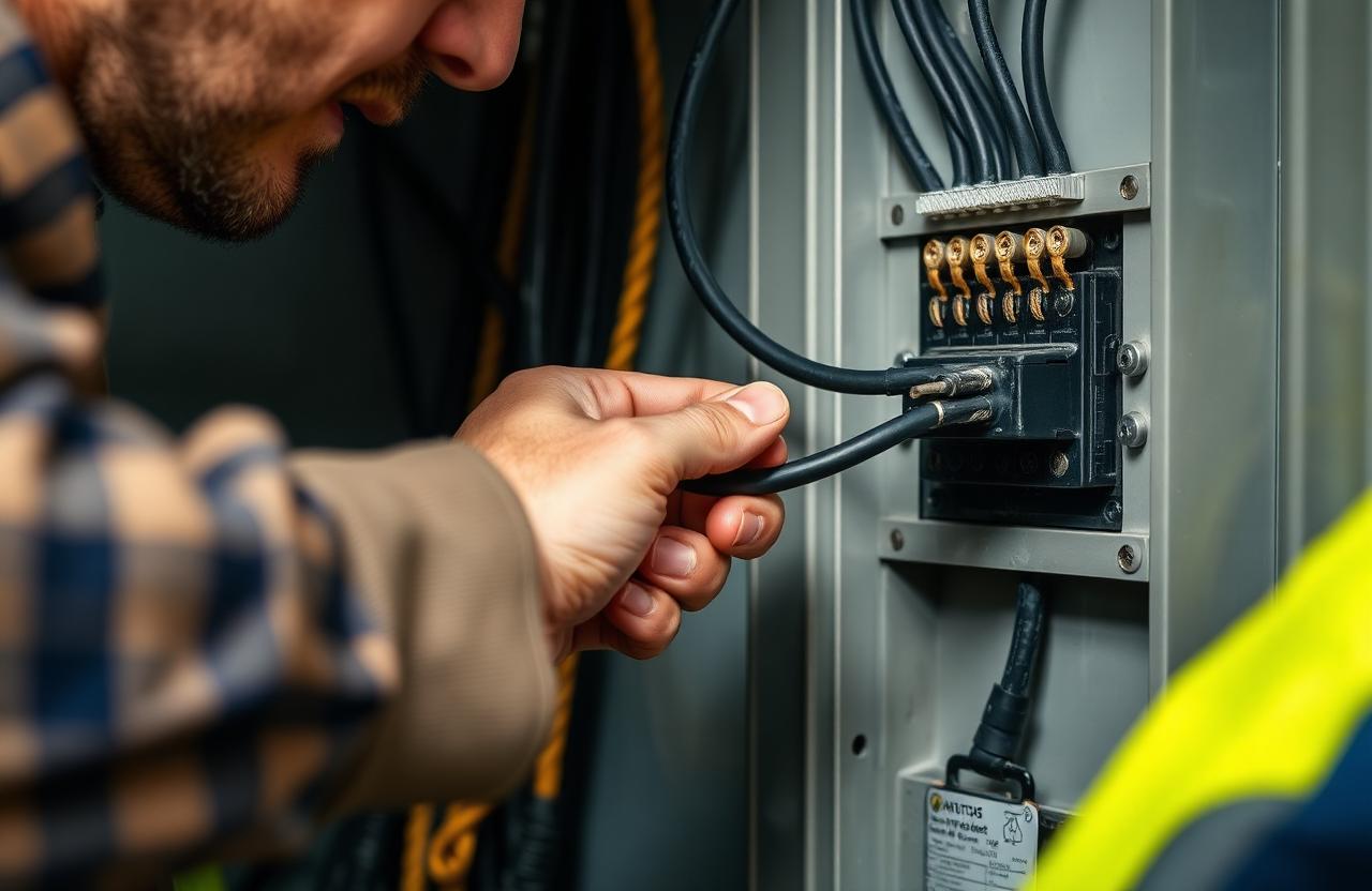 Electrician wiring a dedicated 240V circuit in a residential panel for an EV charger installation.