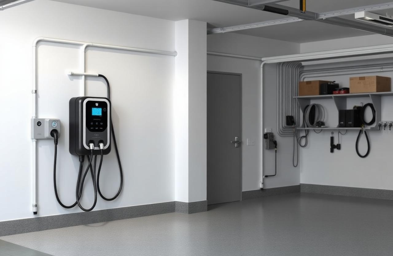 Clean residential garage with an installed EV charger and conduit after a Bright Force Electric installation.