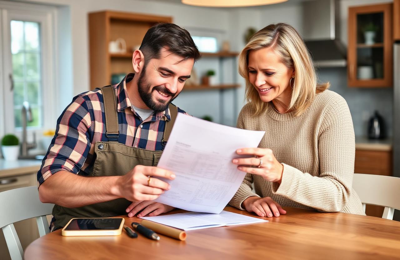 Electrician reviewing a written estimate with a homeowner before starting electrical work.