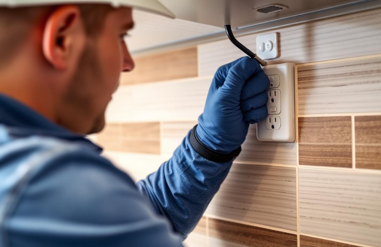 Electrician installing a GFCI outlet in a residential kitchen during a home electrical upgrade.