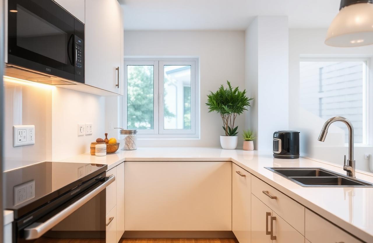 Modern kitchen with newly installed outlets and under-cabinet lighting after an electrical upgrade.