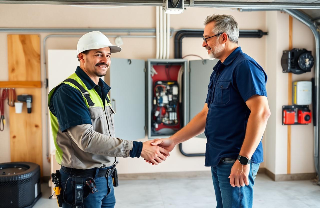 Electrician and homeowner shaking hands after a successful electrical panel upgrade.