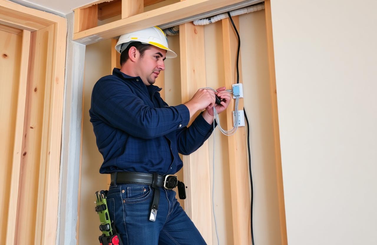 Electrician running new electrical wiring through a wall cavity during a whole-home rewiring project.