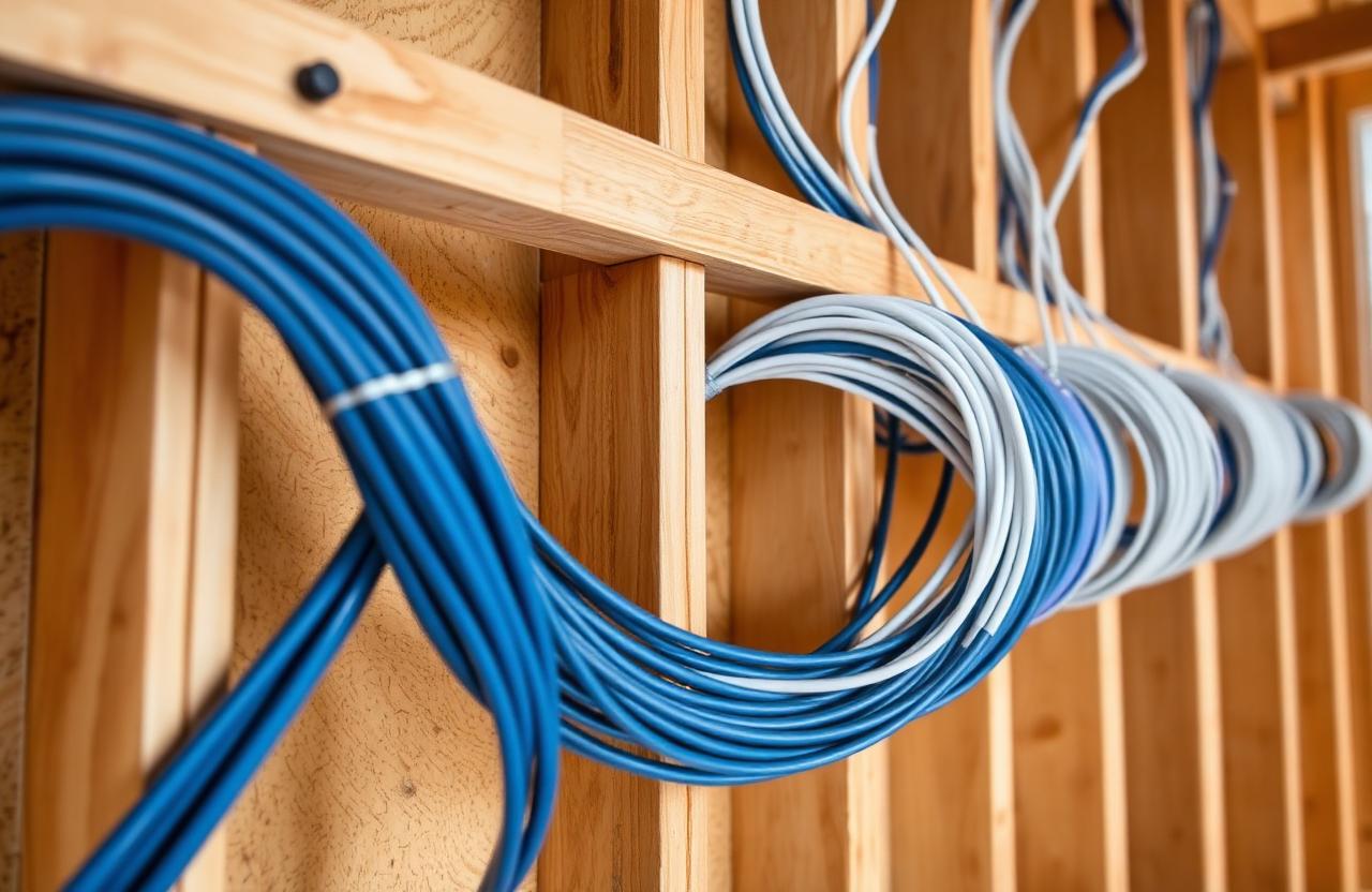 Neatly routed new electrical wiring installed through wall studs during a whole-home rewire.
