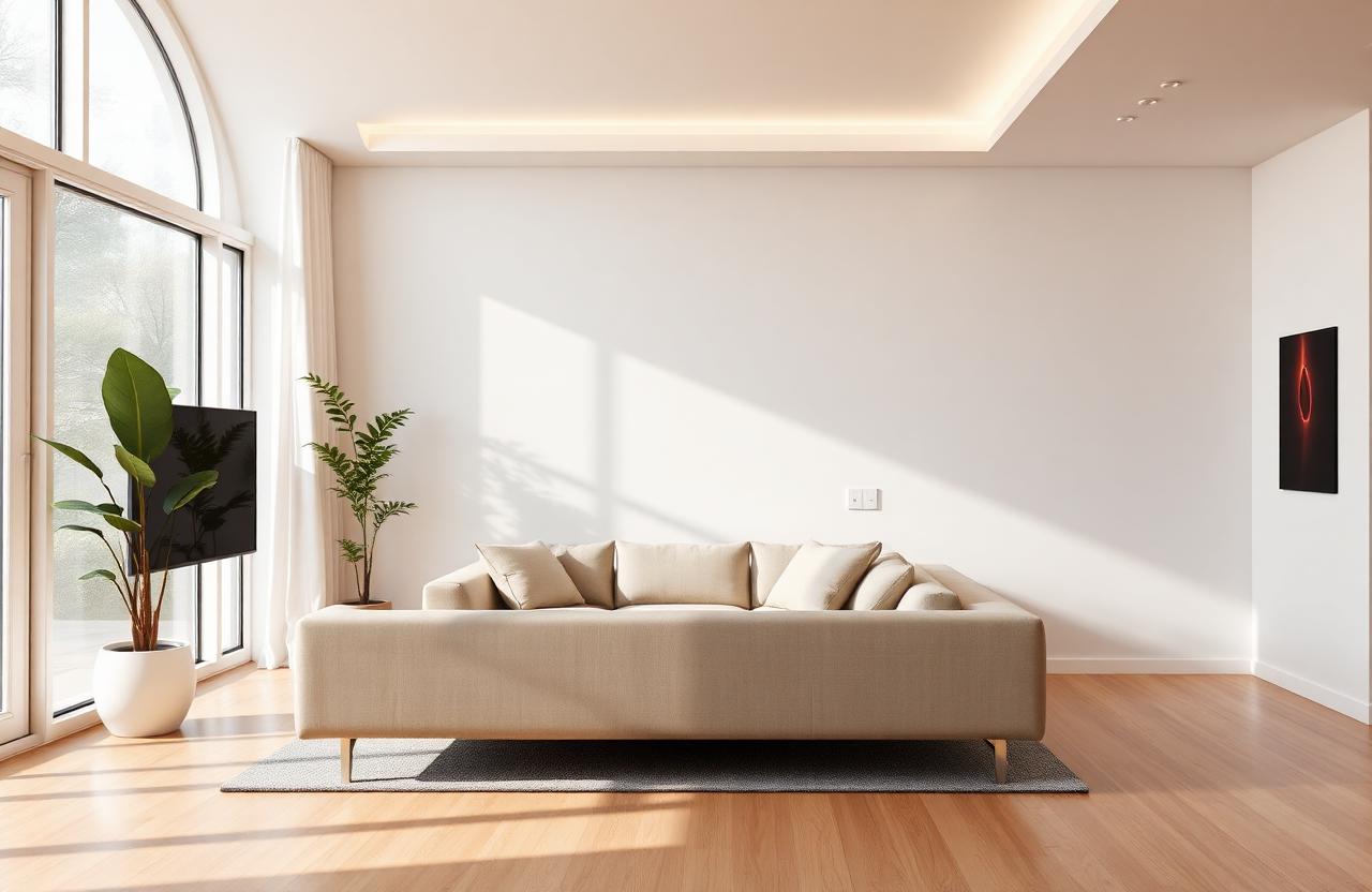 Modern living room with newly installed outlets and switches after a whole-home rewiring project.